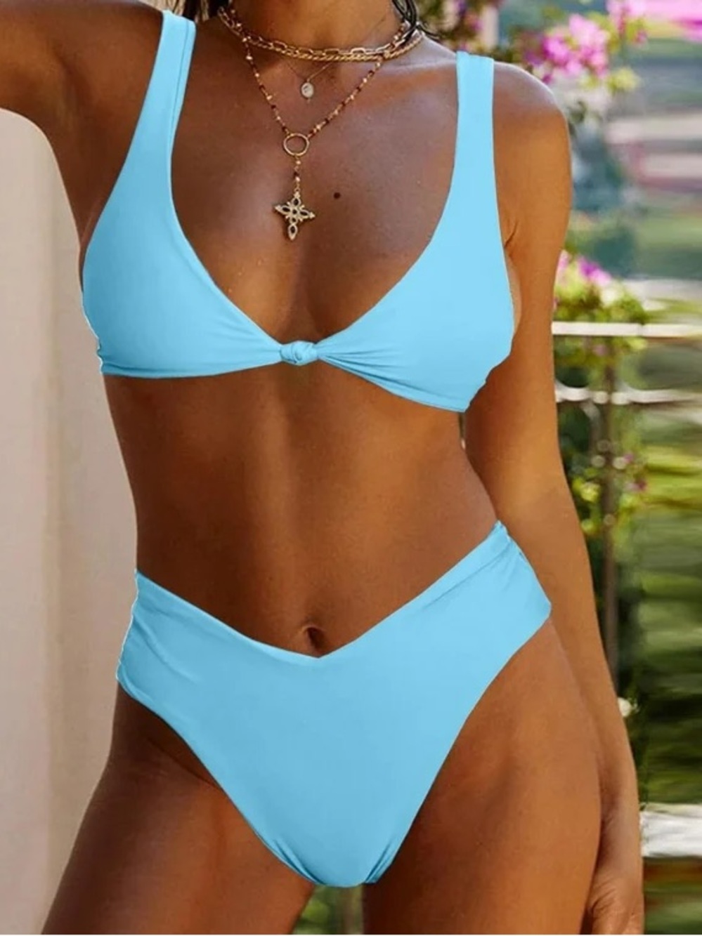 Light Sky Blue V-Front High Cut Bikini Set Top & Bottom Large